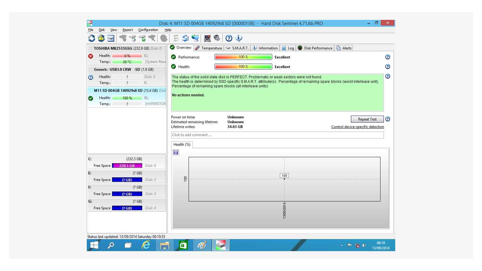 hard disk sentinel showing sd card health or limited status information