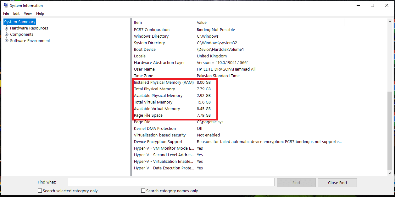 find details of ram memory