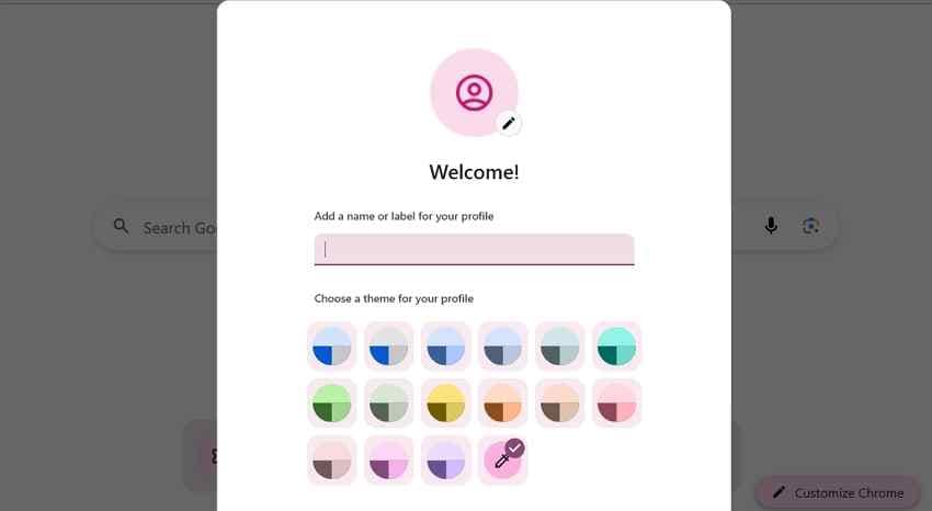 fresh chrome profile setup screen