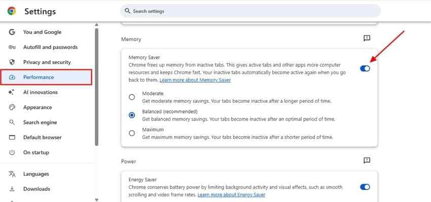 memory saver chrome performance setting