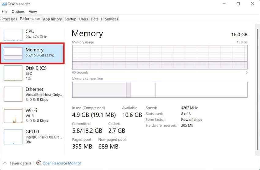 task manager system memory usage