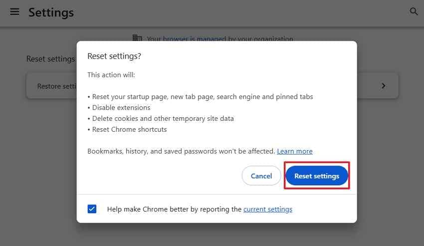 reset settings confirmation window