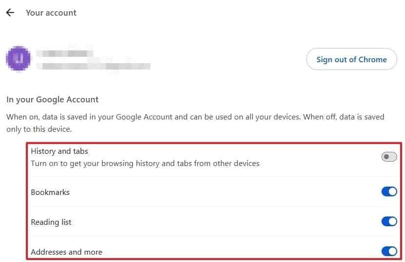 chrome account data sync settings