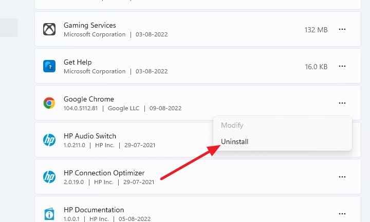 google chrome uninstall option