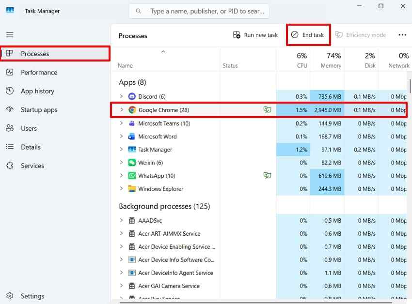 task manager chrome process control