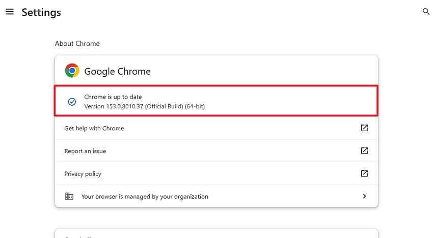 chrome browser version update status
