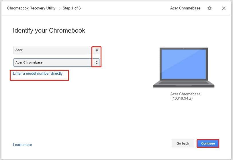 modello Chromebook nell'utilità di ripristino del Chromebook 