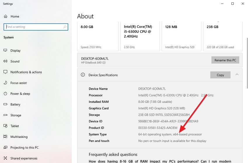look under system specifications