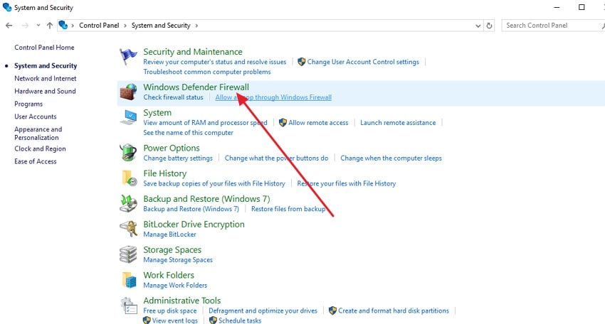 select windows defender firewall option