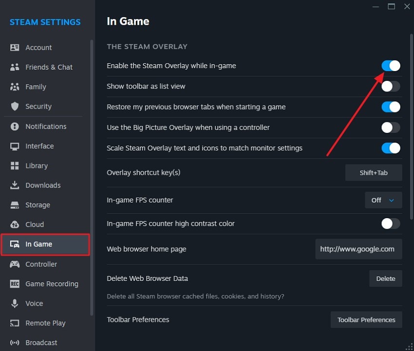 enable the steam overlay option