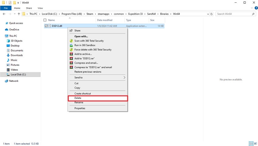 pick delete to remove D3D12 file