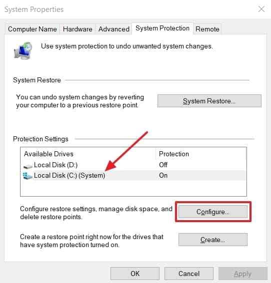 system protection c drive configuration