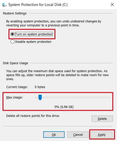 restore point storage limit adjustment