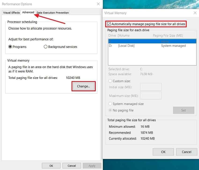 check manage paging file size option