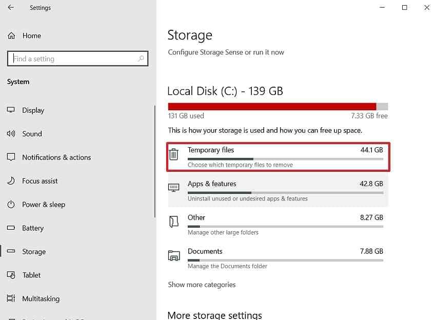 access windows temporary file settings
