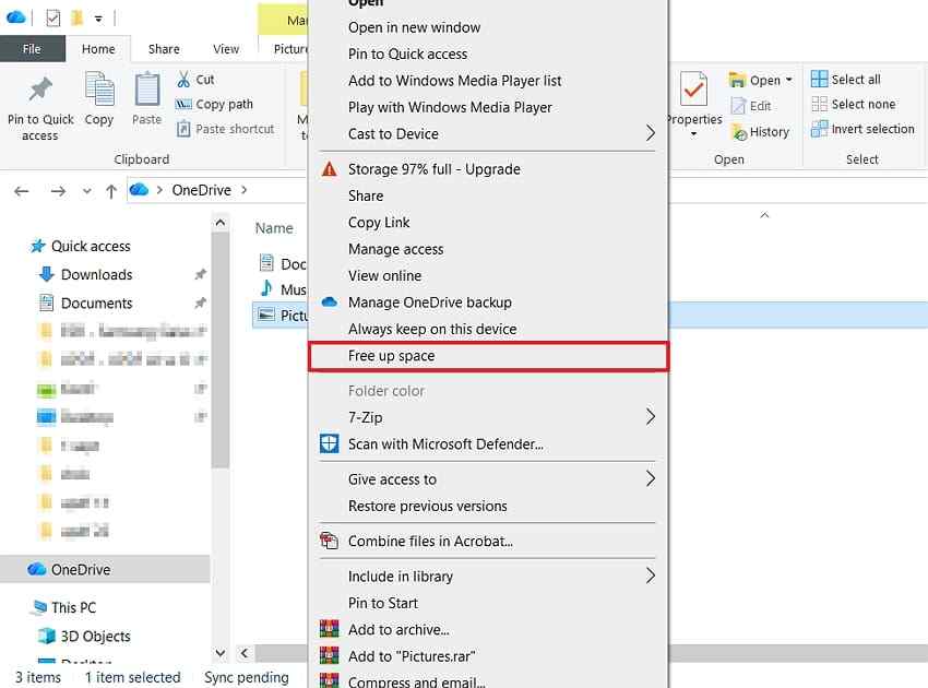 free up space onedrive folder
