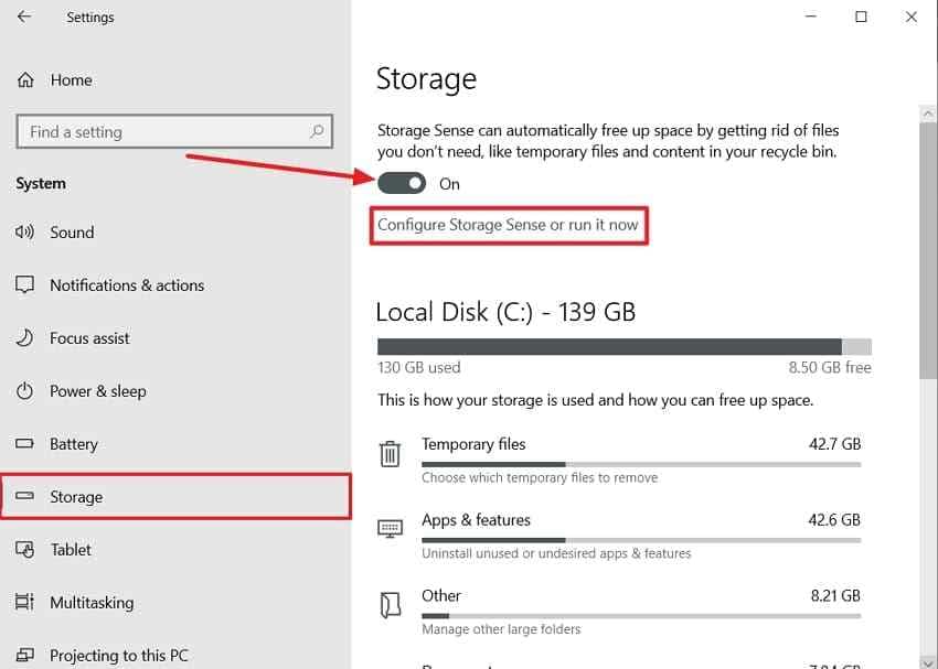 storage sense windows settings