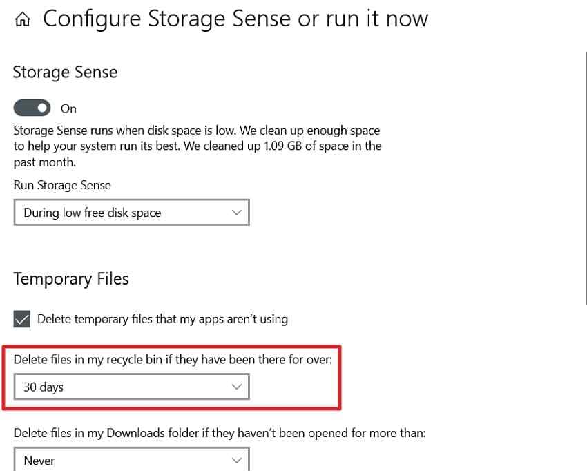 storage sense cleanup frequency settings
