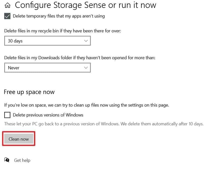 storage sense clean now option