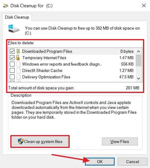 system files disk cleanup options