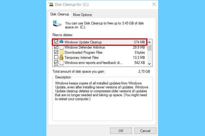 windows update cleanup file selection