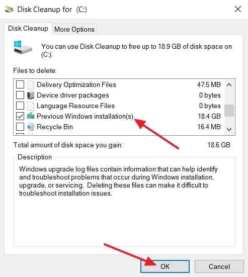 previous windows installation cleanup option