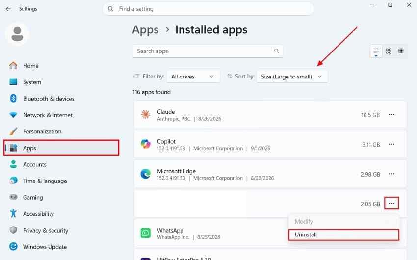 uninstall unused apps windows settings