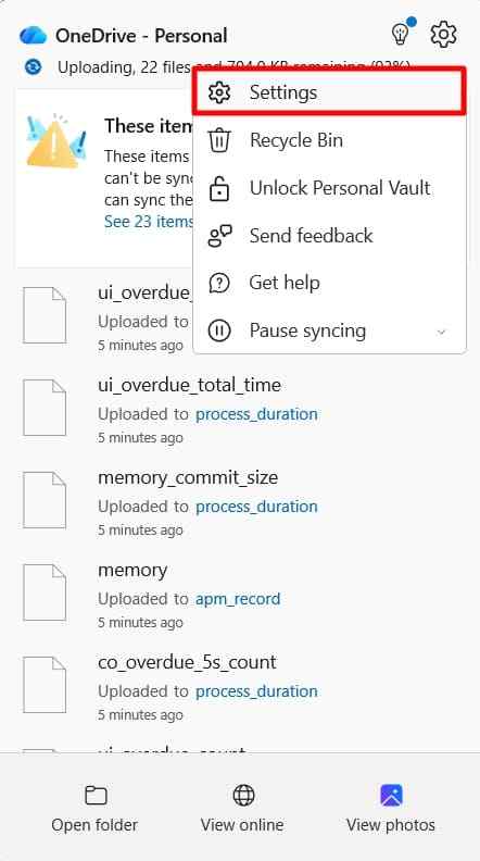 open onedrive settings menu