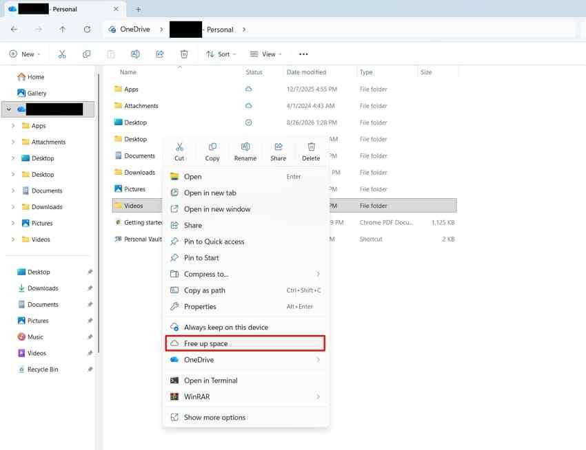 free space from onedrive folders