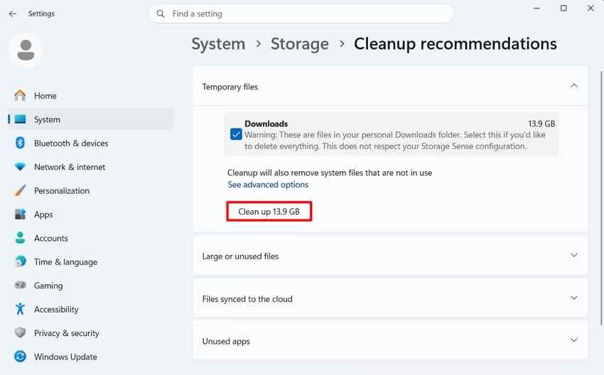 review cleanup recommendations categories