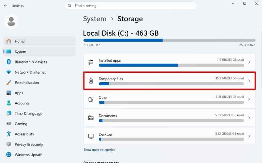 select temporary files storage settings