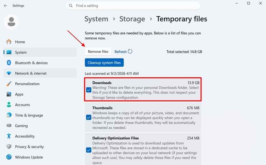 review temporary files before removal