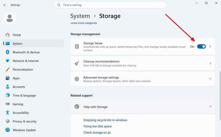 enable storage sense windows settings