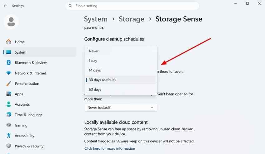 choose storage sense cleanup schedule