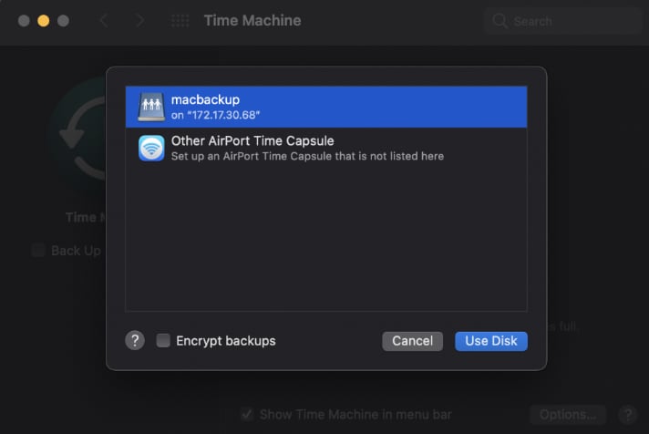 click use disk button time machine