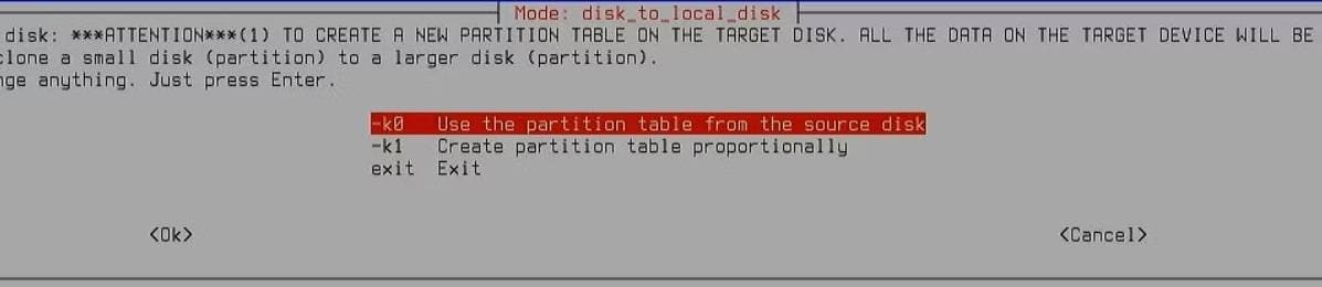 utiliser la table de partition du disque source