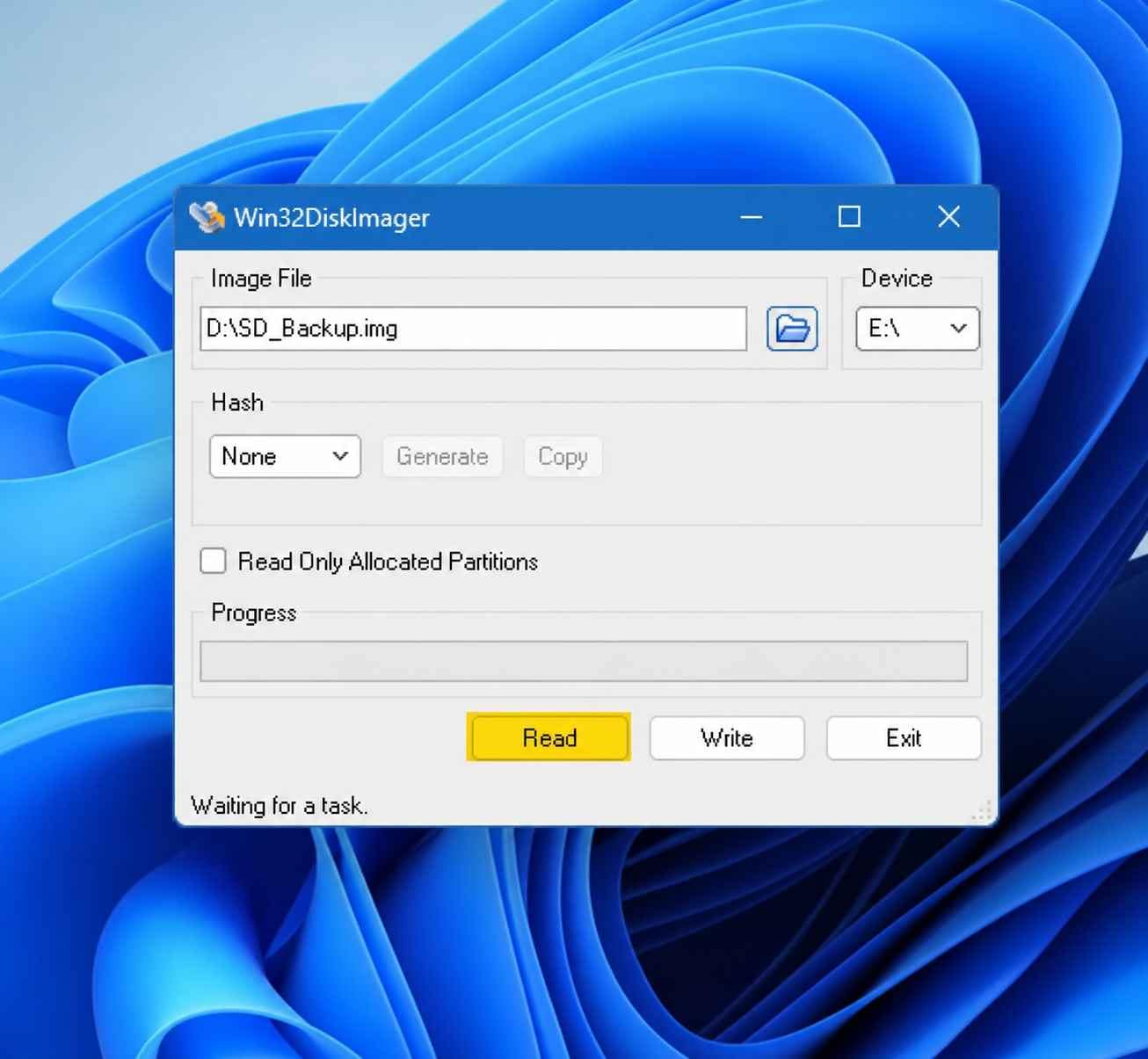 win32diskimager open source card selected as device