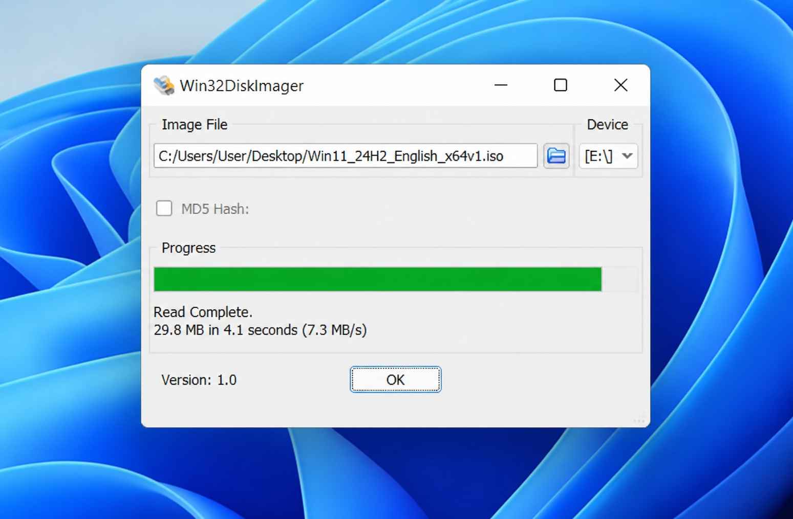 win32diskimager read complete success message