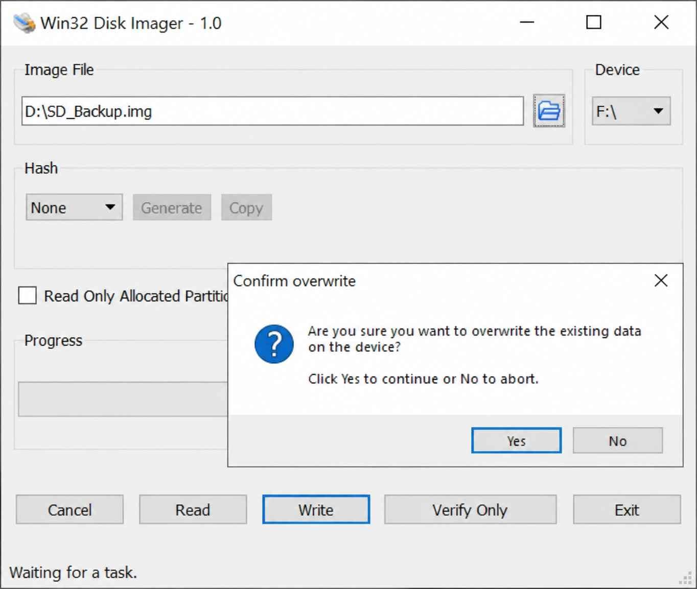 win32diskimager write to new sd card with confirmation