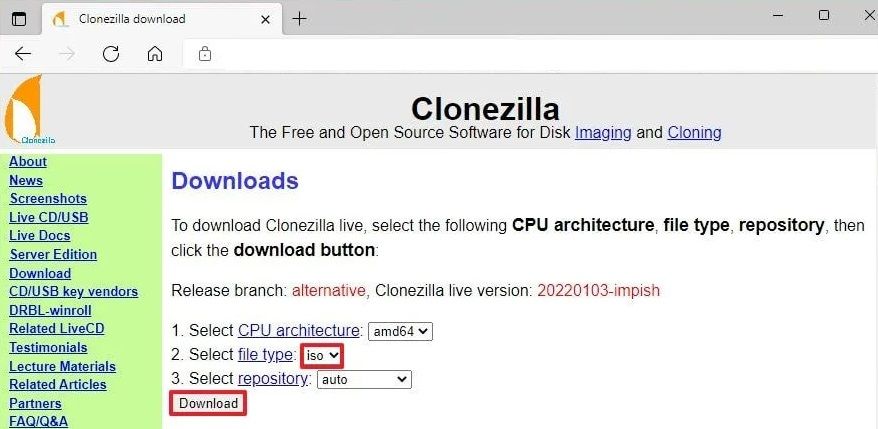 download clonezilla iso file