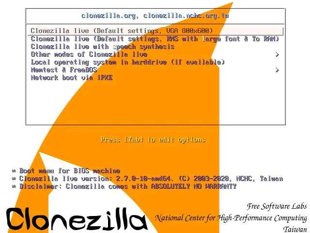 interface de usuário do Clonezilla