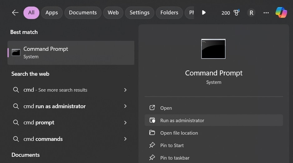 windows 11 start menu search with command prompt run as administrator highlighted