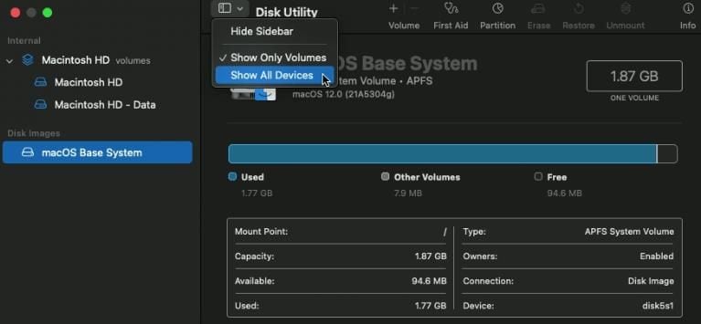 отображение всех устройств в disk utility