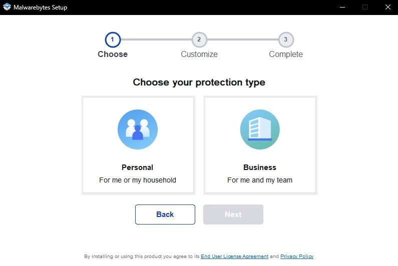 select personal or business malwarebytes app