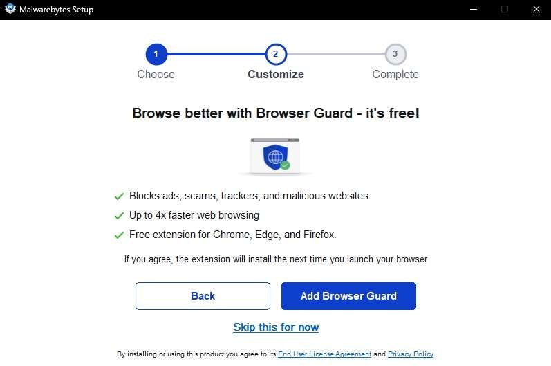 personaliza la instalación con browser guard