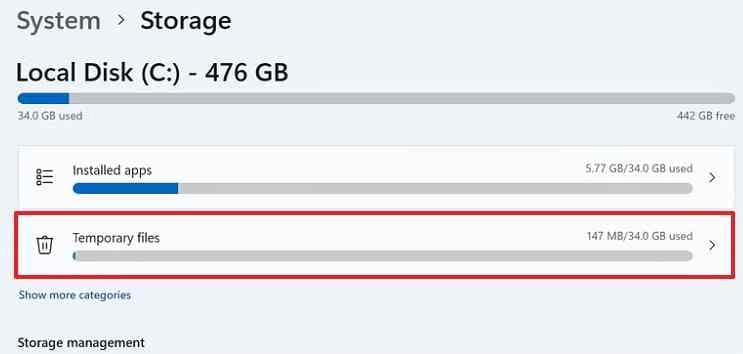 open windows temporary files storage settings