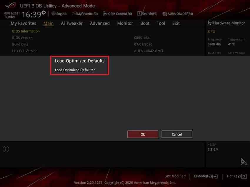 restore bios tuning settings to defaults