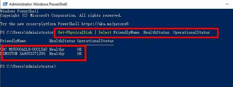 check physical disk health status in powershell