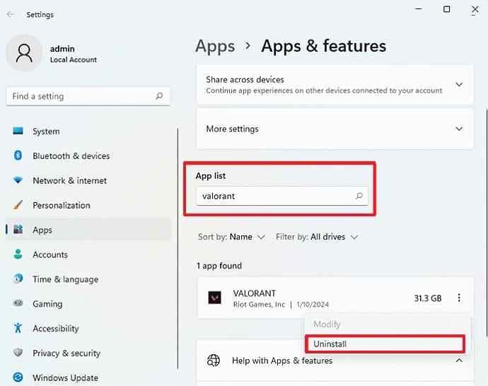 uninstall riot vanguard from installed apps