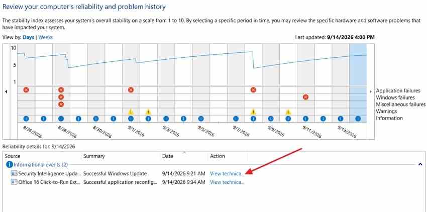 review reliability monitor game crash details
